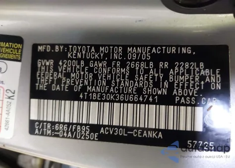 2006 Toyota Camry Le from USA, damaged, VIN 4T1BE30K36U664741